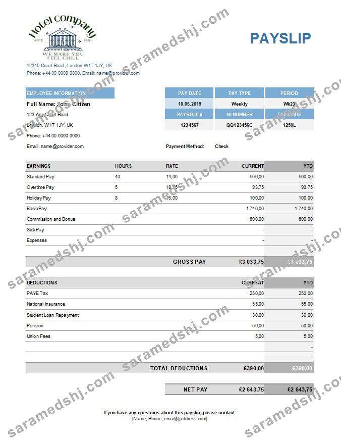 hotel company payroll template in Excel and PDF formats
